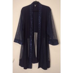 R&M Richards Navy Blue Sheer Panel Glitter Trim Open Front Evening Kimono Jacket